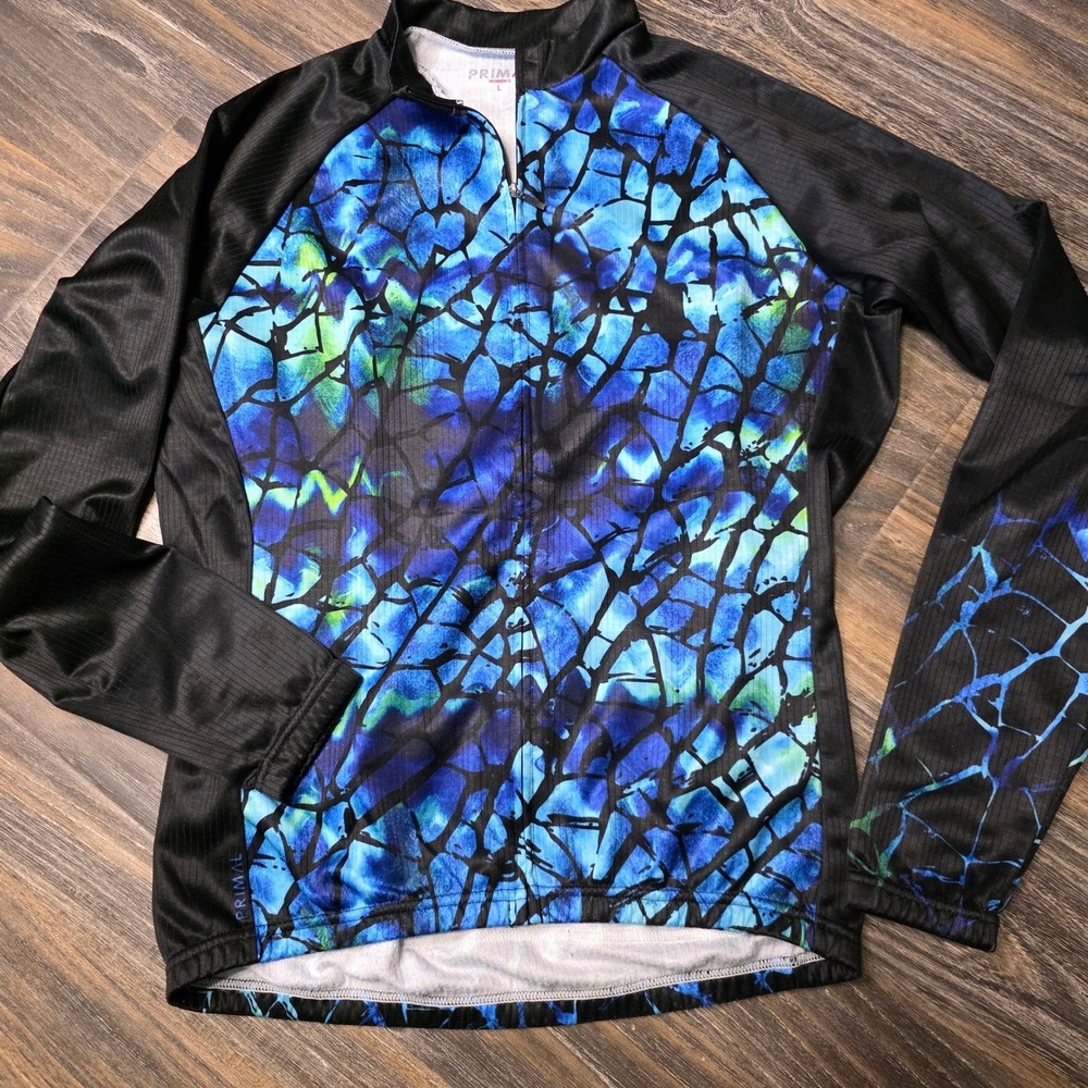 Primal Wear Womens Cycling Jersey Long Sleeve Blue Green Cracked Ice Full Zip LG